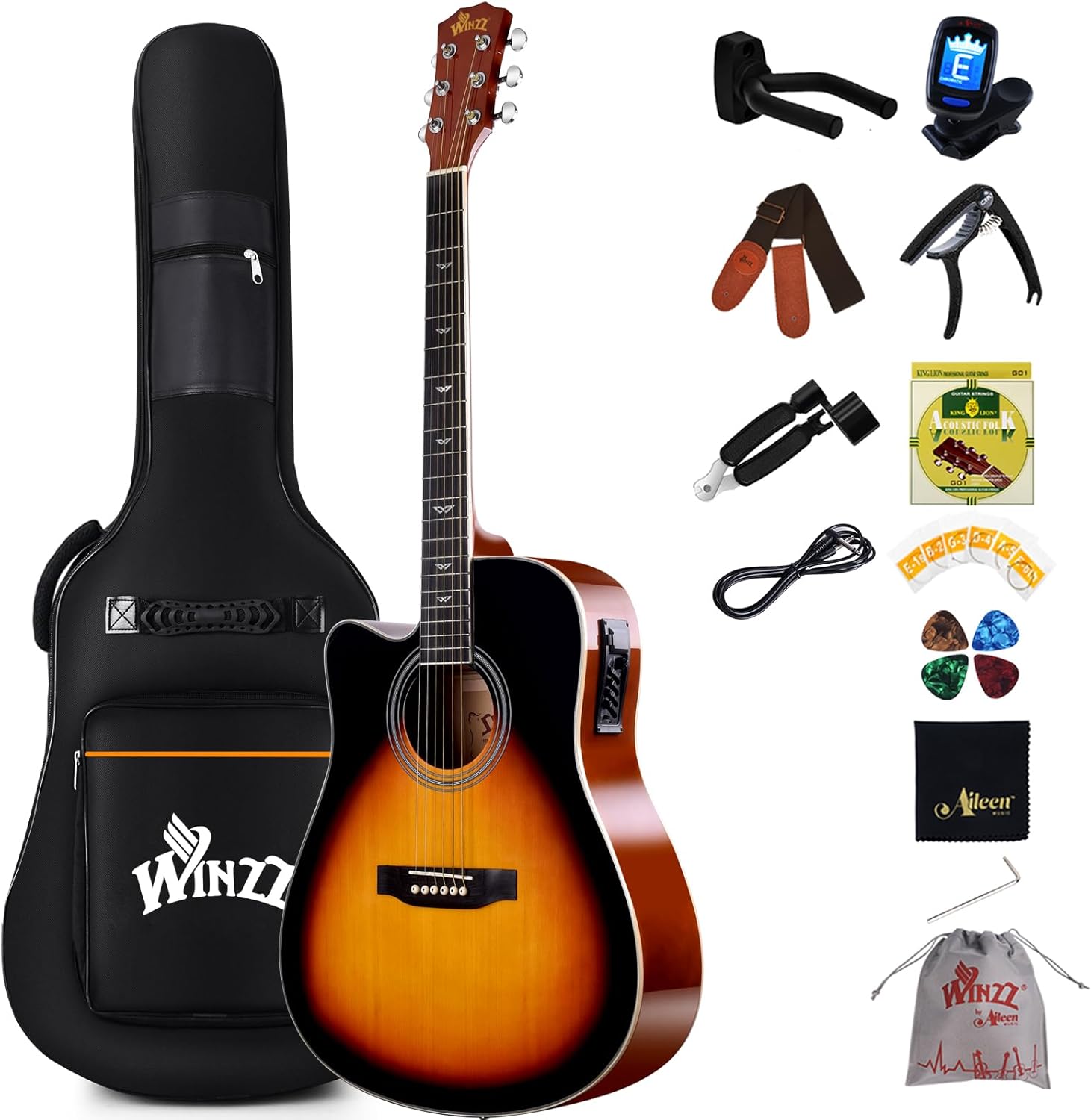Winzz 4/4 Electro Acoustic Guitar, Left-Handed Western Guitar Set, Adult Beginners, Acoustic Guitar 41 Inch with 4-Band Equaliser (Dreadnought,Glossy Sunburst)