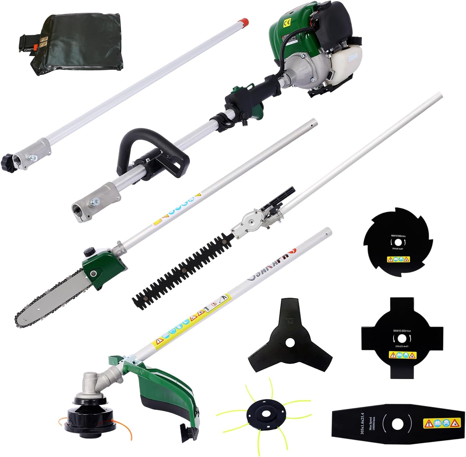 Gas Chainsaw,Gas Pole Saw, Multi-Functional Trimming Tool - Trimmer Grass Brush Cutter Multifunctional Tools Combo for Tree Trimming and Garden Maintenance (9 in 1), Dark Green