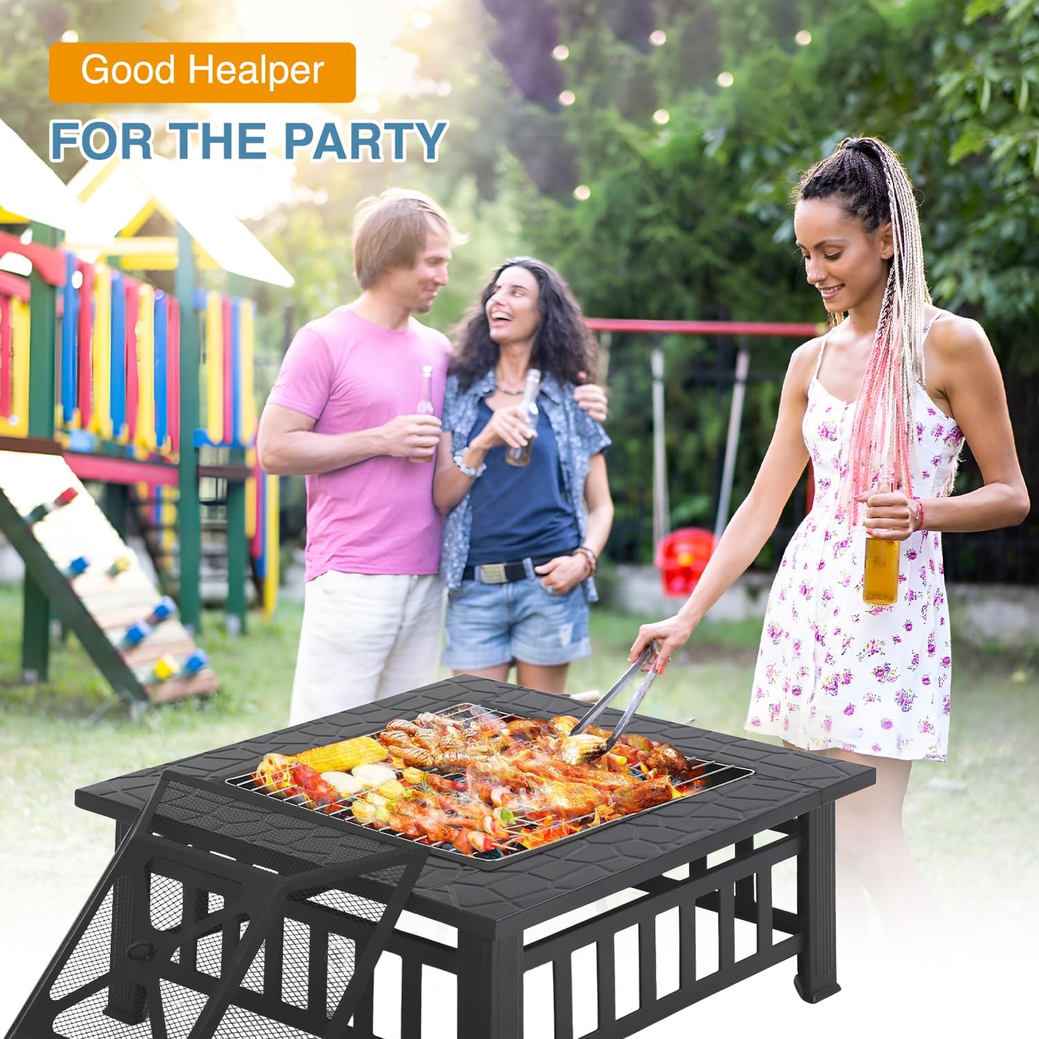 Fire Pit Table Square Metal Firepit Stove Backyard Patio Garden Stove Fireplace Mesh Cover Poker for Camping, Outdoor Heating, Bonfire and Picnic,32in