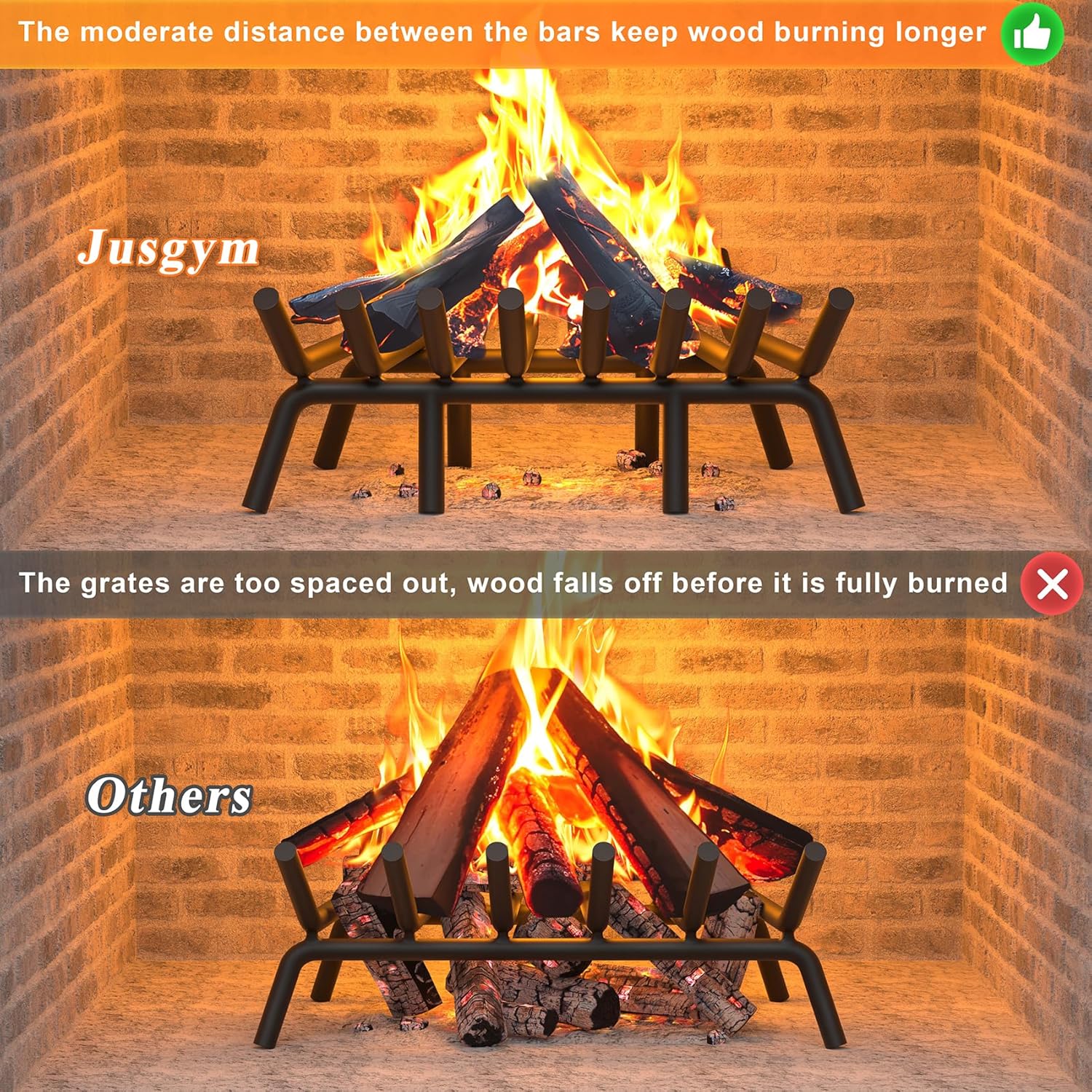 Fireplace Grate 24 Inch with 8 Support Legs, Round Solid Steel Heavy Duty Fireplace Log Holder with Fire Tongs & Poker, Fireplace Log Grate for Indoor Fireplace and Outdoor In-ground Firepit