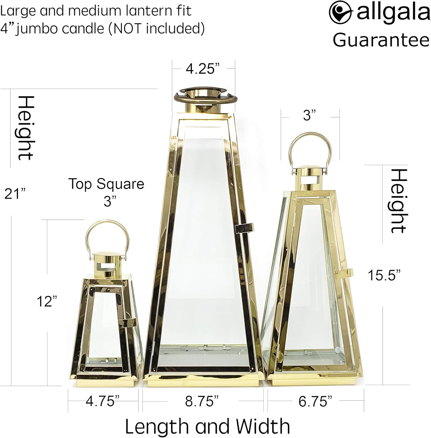 Allgala 3-PC Lantern Set 24 Inch Jumbo Deluxe Modern Indoor/Outdoor Candle Lantern Set Gold Stainless Steel Tapered Trapezoid Frame with Tempered Glass for Garden Patio Fireplace Wedding
