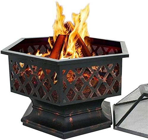 Garden Fire Pit Portable Grill Barbecue Rack Outdoor Fire Pits Portable Metal Fire Pit Fireplace Stove, with Mesh Screen Cover Fireplace Stove Wood Burning with Cover BBQ Cooking for Camping