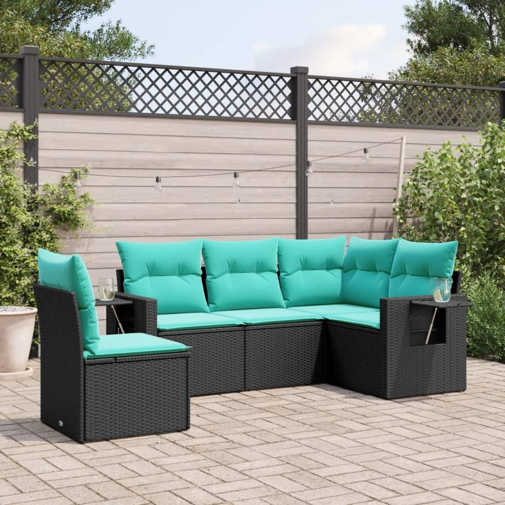 5-Piece Modular Patio Sofa Set, UV-Resistant Synthetic Poly Rattan Outdoor Furniture, Black Blue Balcony Garden Seating, All-Weather Patio Dining Table and Chairs Set