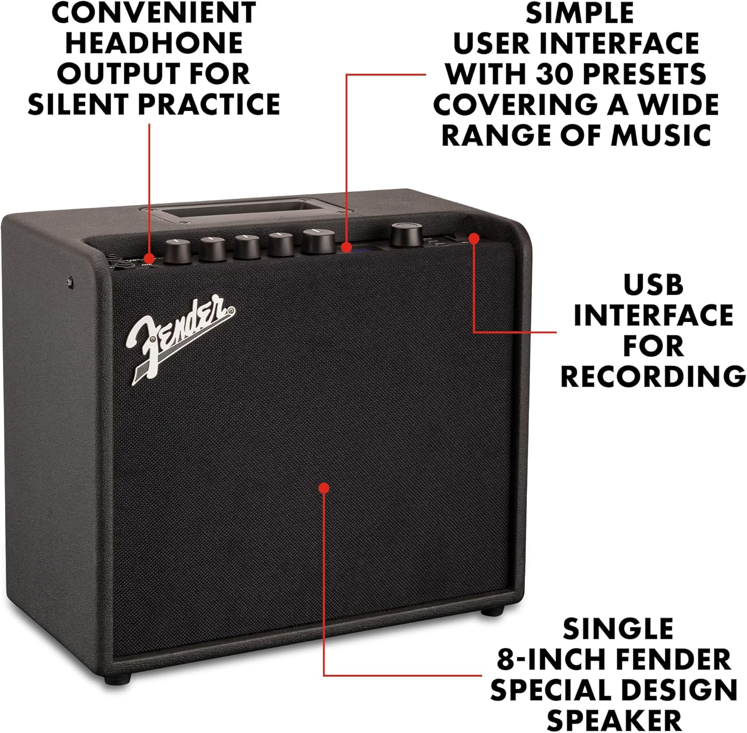 Fender Mustang LT25 Guitar Amp, 25-Watt Combo Amp, with 2-Year Warranty, 30 Preset Effects with USB Audio Interface for Recording