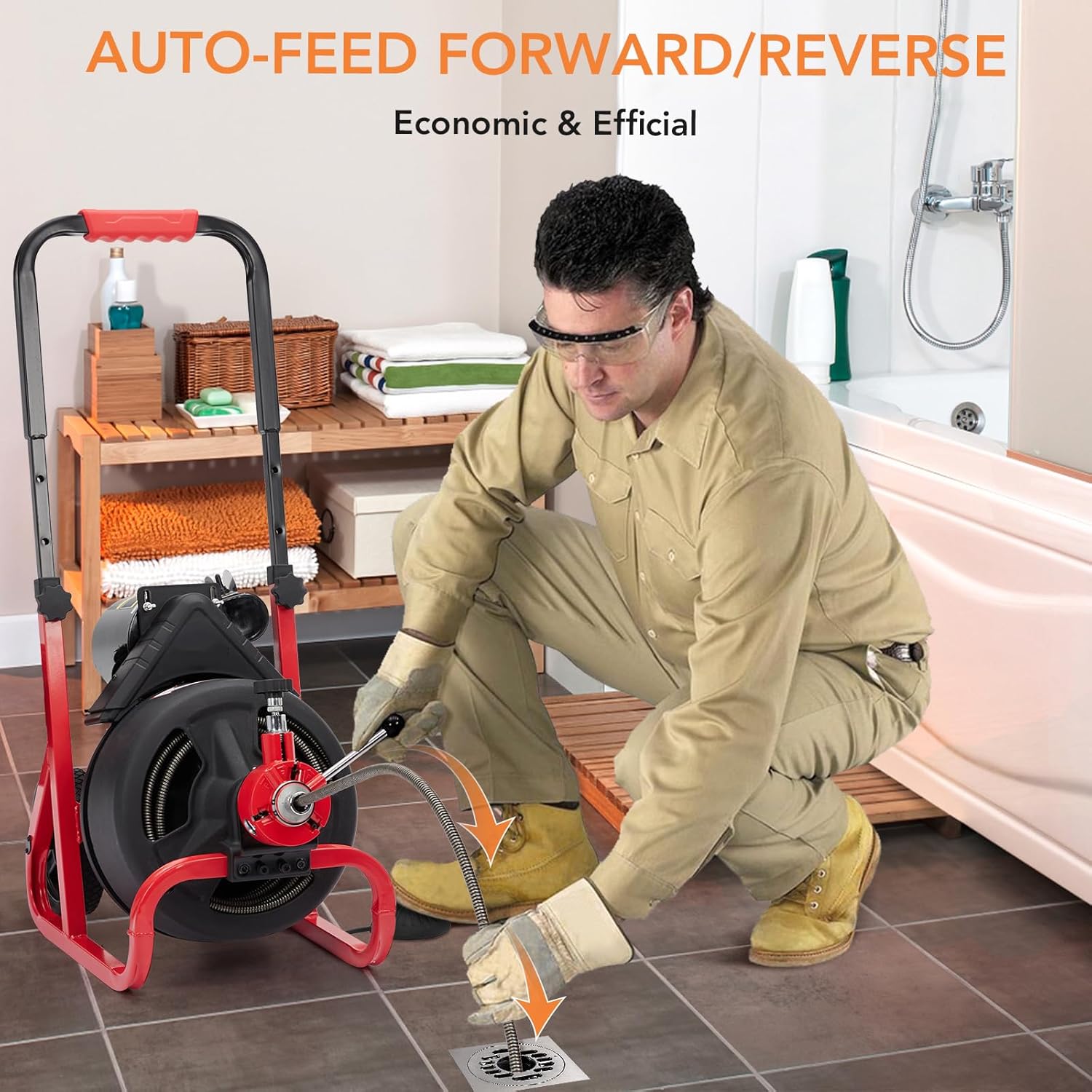 Drain Cleaner Machine, 75 ft X 1/2 in Electric Drain Snake with 6 Cutters Gloves, Electric Drain Clog Remover Plumbing Tool for 2 to 4 in Pipes