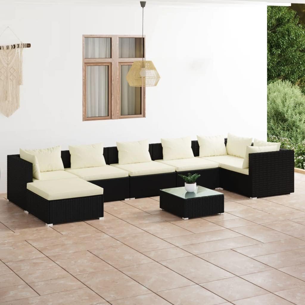8 Piece Patio Lounge Set with Cushions Poly Rattan Black,Modular Rattan Patio Lounge Set with Cushions for Outdoor Comfort and Relaxation Patio Furniture Sets, Outdoor Furniture Sets