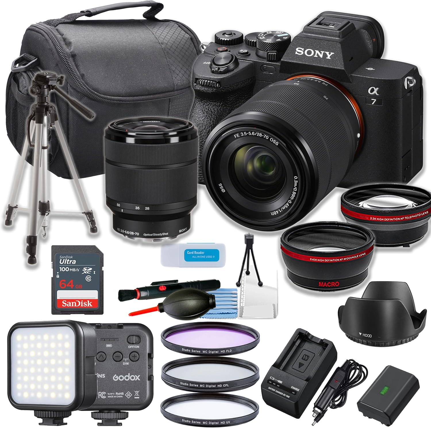 Sony a7 IV Mirrorless Camera with 28-70mm Lens Vlogging/Video Creator Bundle with Portable LED Light, 64Gb Memory Card, Tripod, Filter Kit, Cleaning Kit + Accessories (Renewed)