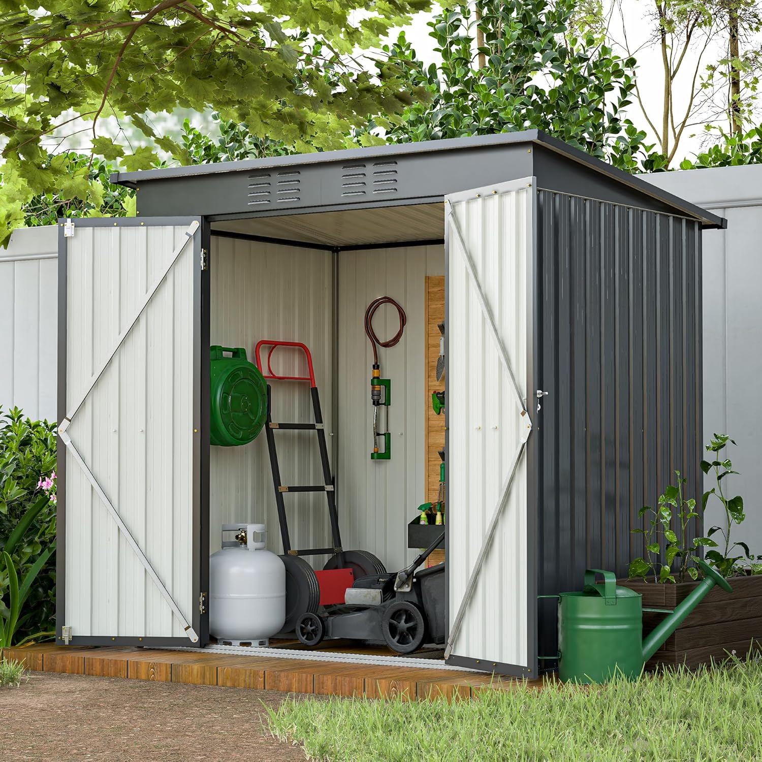 6x4 FT Galvanized Steel Garden Sheds with Ventilation and Sloped Roof, Metal Storage Locker Includes A Lock,Key & Hinged Doors,2 Pairs of Gloves,for Tool,Equipment,Black