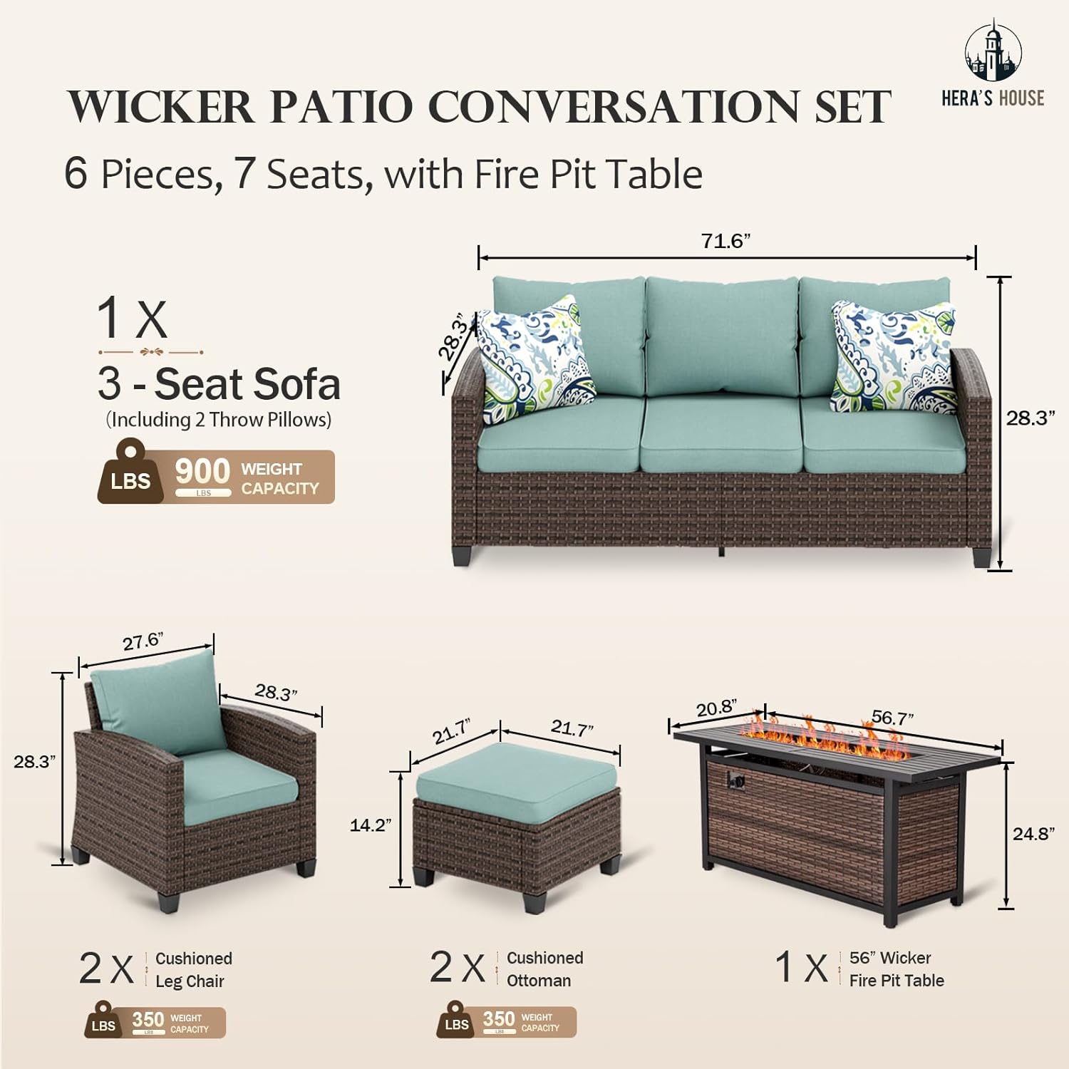 HERA'S HOUSE Patio Furniture Set with Fire Pit Table, 2 x Single Chair, 2 x Ottoman, 3-Seat Sofa, 6 Pieces Wicker Outdoor Sectional Conversation Sets for Lawn Backyard, Brown/Blue