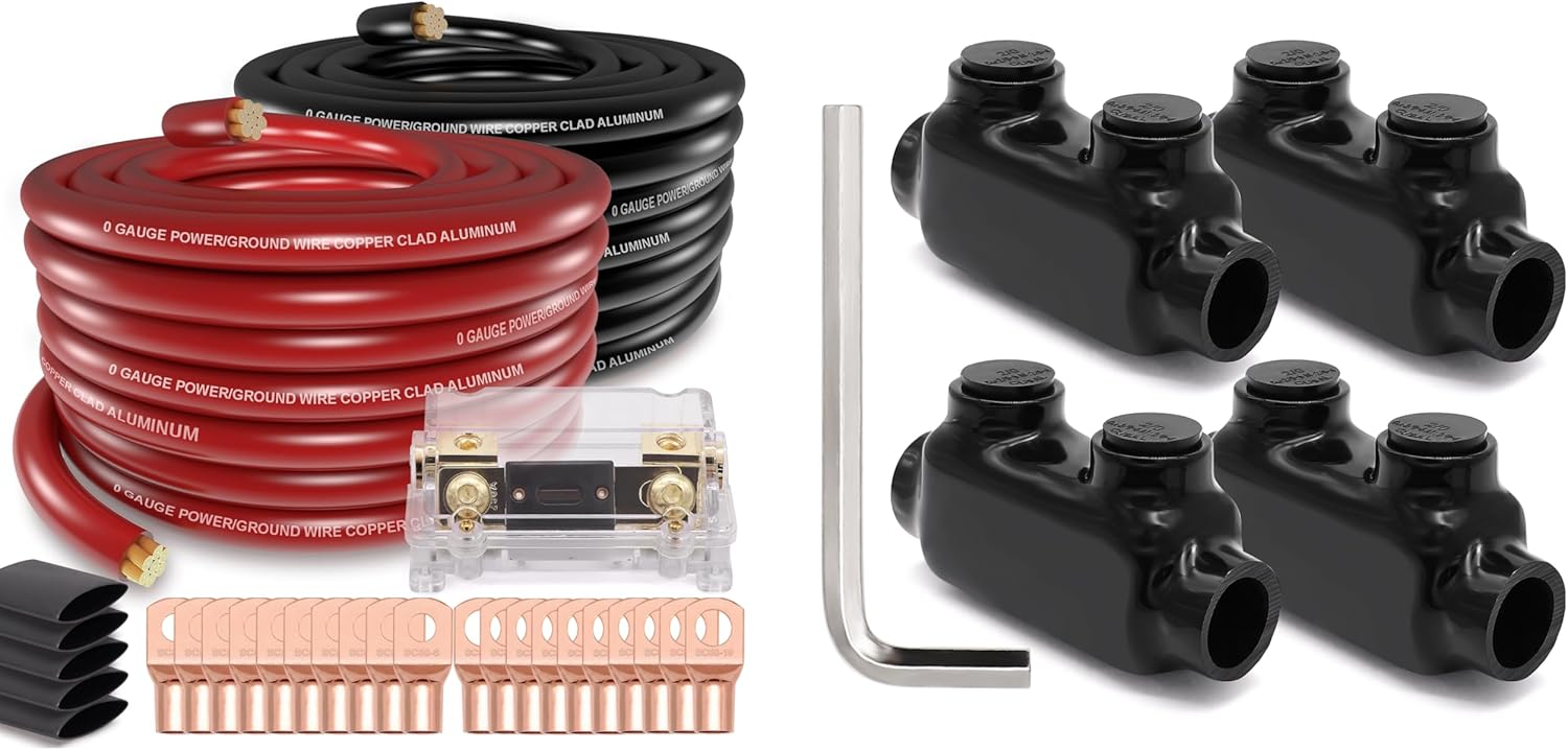 1/0 Gauge Wire (40ft) Copper Clad Aluminum CAA Car Amplifier Power & Ground Cable 2/0-6 Gauge Wire Connectors Aluminum to Copper Polaris Connectors Insulated Inline Splice Connector