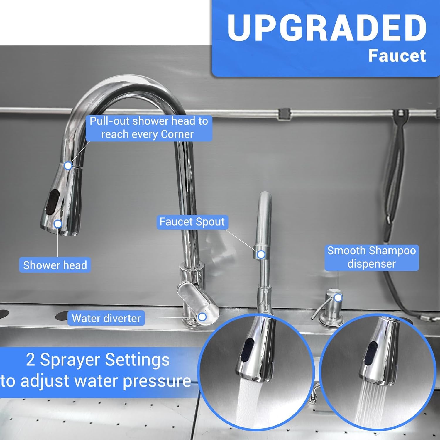 PioneerWorks 50” Dog Grooming Tub, Stainless Steel Dog Washing Station with Foldable Ramp, Large Drawers, Rich Accessory, Professional Grooming Tub for Large, Medium, Small Pets, Left Door