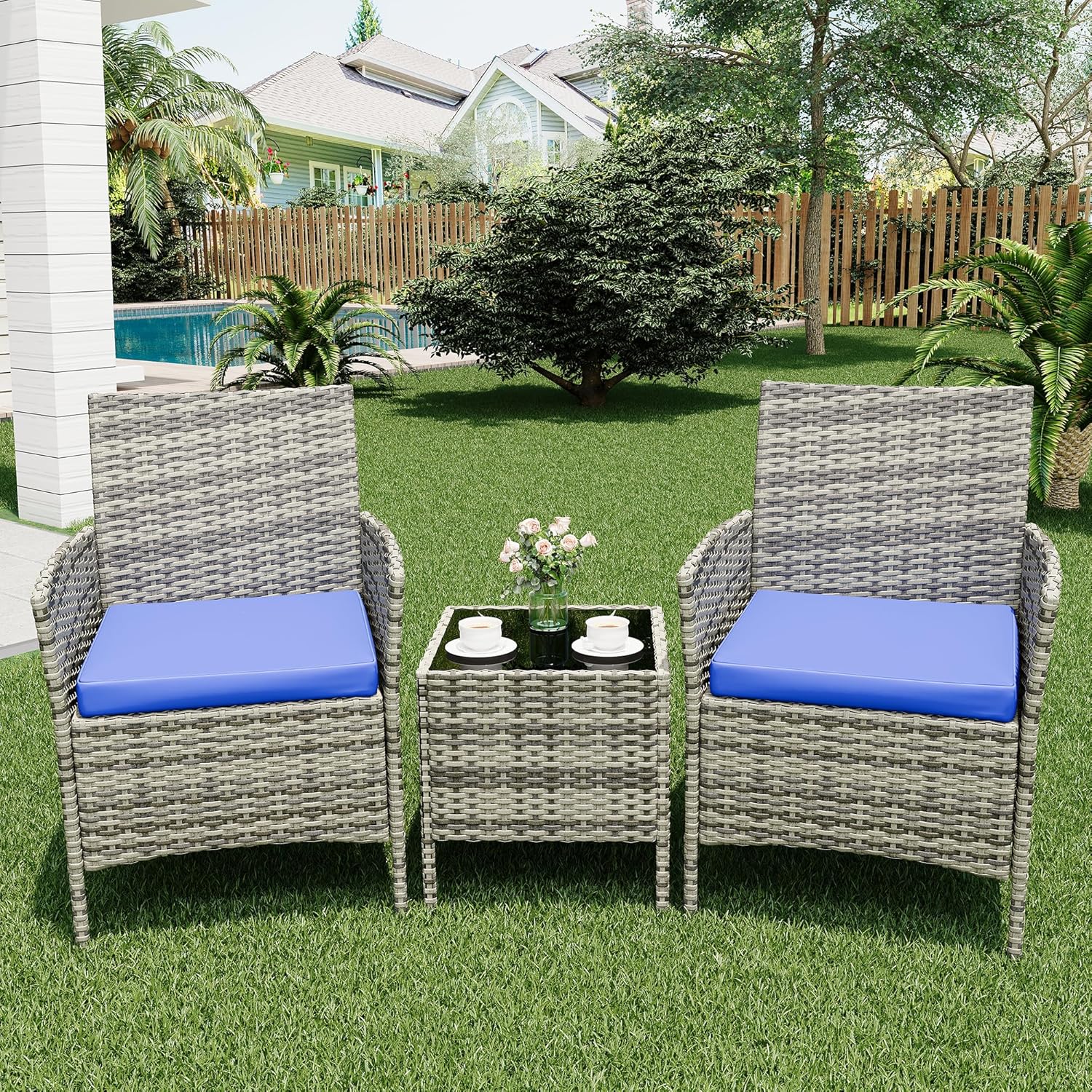 3 Piece Patio Furniture Set, Outdoor Patio Wicker Sofa Set with Upholstery and Glass Storage Coffee Table, All Weather Conversation Rattan Set for Garden, Porch, Lawn, Pool