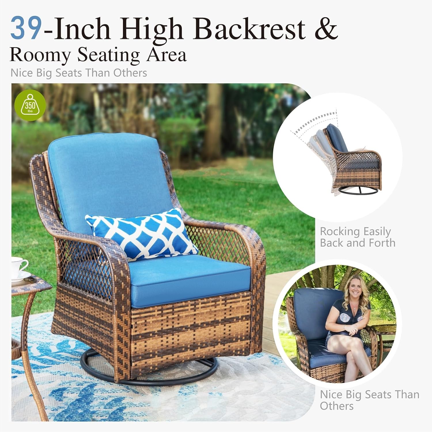 PHI VILLA 4-Piece Outdoor Swivel Rocker Chairs Set with Fire Pit Table, Rattan Patio Furniture Set Supports 350lbs, with 2 Rocking & Swivel Chairs, 1 Coffee Table, and 1 Fire Pit