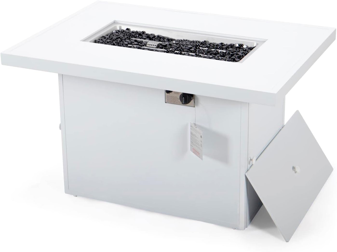 LeisureMod Chelsea Propane Fire Pit 44 Inch 55,000 BTU Auto-Ignition Gas Fire Pit Table with lid, Wind Guard and Decorative Stones Aluminum Frame (White)