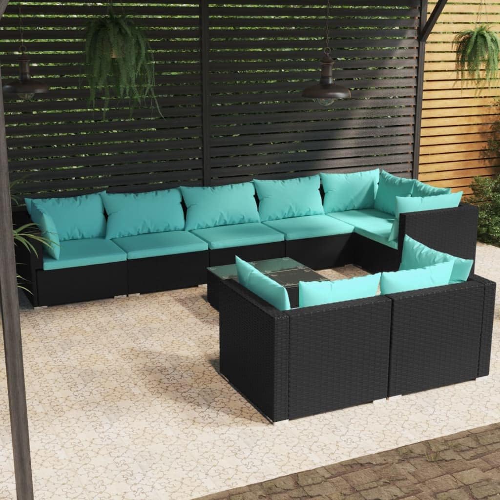 Furniture Sets 9 Piece Patio Lounge Set with Cushions Black Poly Rattan,Modern Poly Rattan Outdoor Patio Lounge Set with WaterResistant Cushions Garden Conversation Sets