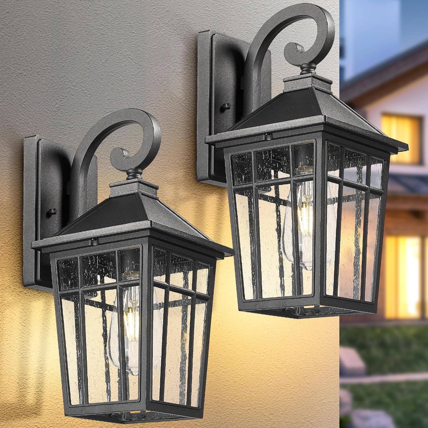 Darkaway Outdoor Wall Lights for House, Exterior Lighting Fixtures Wall Mount Outdoor Porch Lights Waterproof Black Outdoor Sconce Lights with Seeded Glass for Patio Hallway Garage,2 Pack