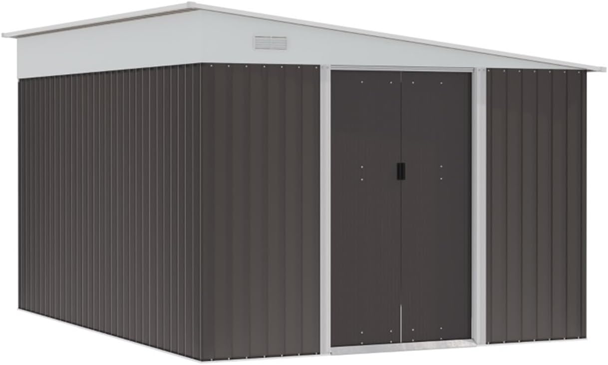 Garden Sheds 11.5' x 9' x 6.5' Steel Garden Storage Shed Outdoor Metal Tool House Double Sliding Lockable Doors and 2 Air Vents, Grey Outdoor Storage Sheds