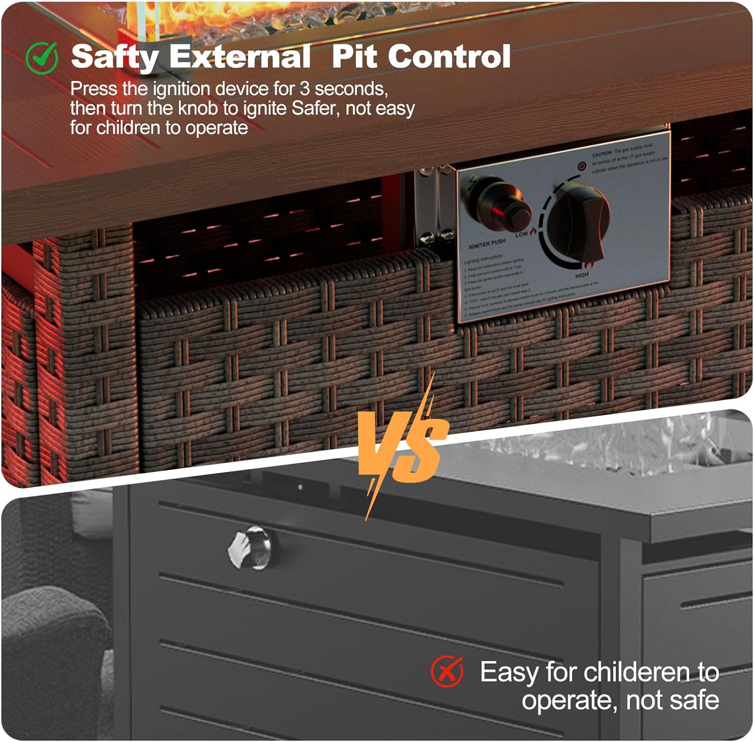 44” Propane Fire Pit Table, CSA Certified 60000BTU Auto-Ignition Patio Fire Tables with Waterproof Cover & Wind Guard, Rectangular Large Wicker Outdoor Firepit Table for Porch,Deck,Backyard,Grey