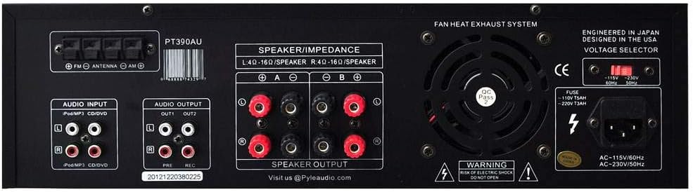 Pyle 300W 4-Channel Home Audio Power Amplifier - Stereo Receiver with USB/ RCA/ AUX/ 2 Mic Inputs w/ Echo/ LED/ EQ/ Digital Display/ Remote - For PA - iPhone - Karaoke - Home Entertainment - PT390AU