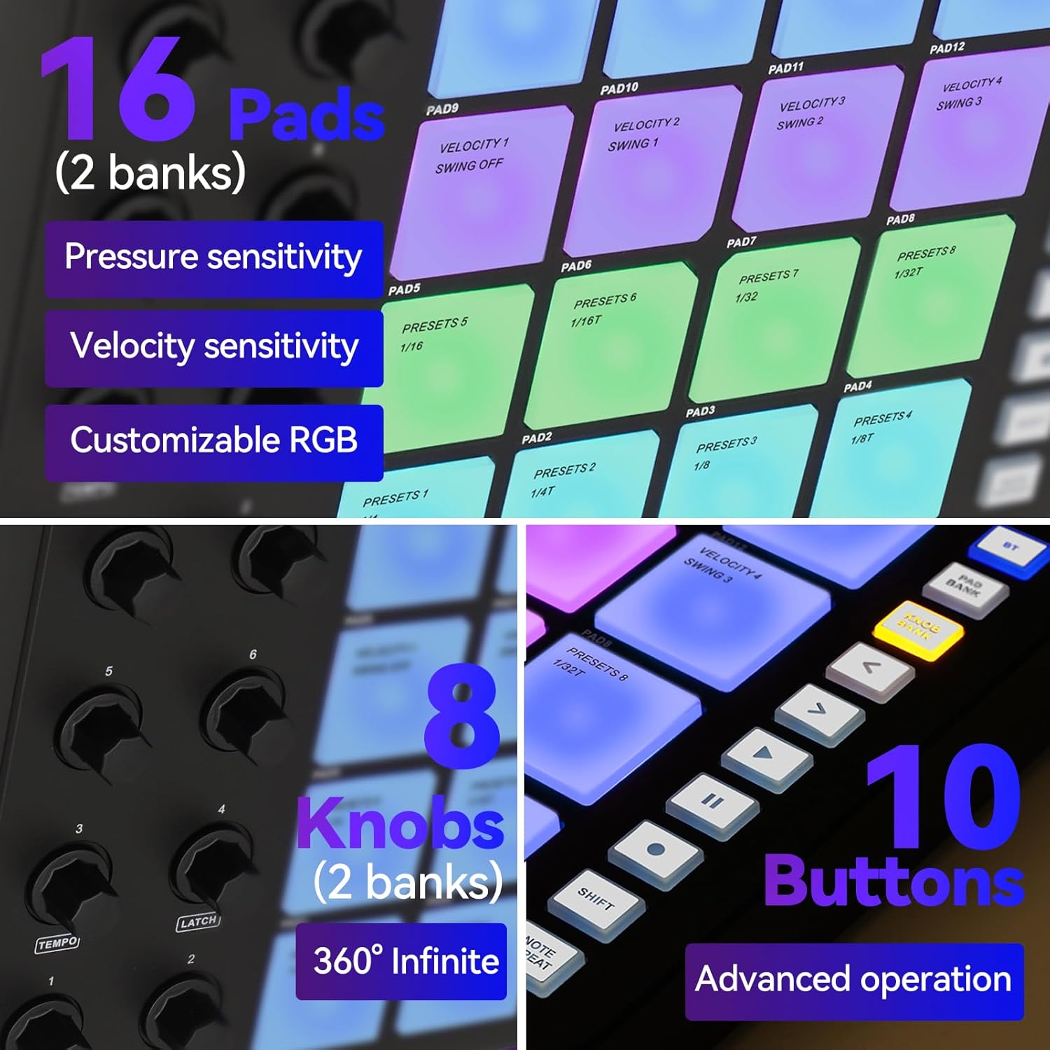 Bluetooth Beat Maker Machine - Portable M-Wave MIDI Controller Drum Pad Keyboard, Studio Equipment for Recording Music at Home (SMC-PAD Pocket with Type-C Lightning Adapter)