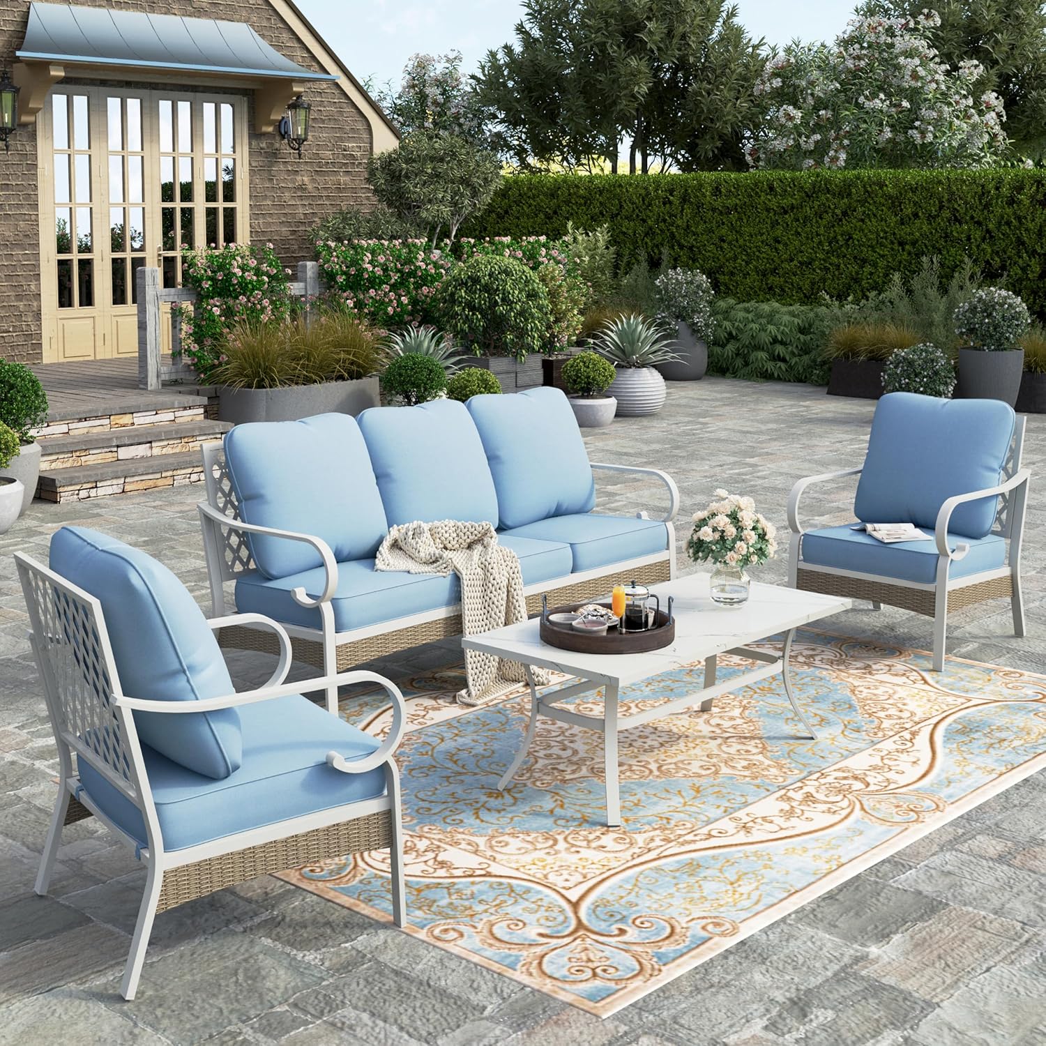 HERA'S HOUSE 4 Piece Patio Furniture Set, 2 x Cushioned Metal Chair, 1 x 3-Seat Sofa with Marbling Coffee Table, All Cushioned 5 Seats Outdoor Conversation Set for Lawn Garden Backyard, Blue