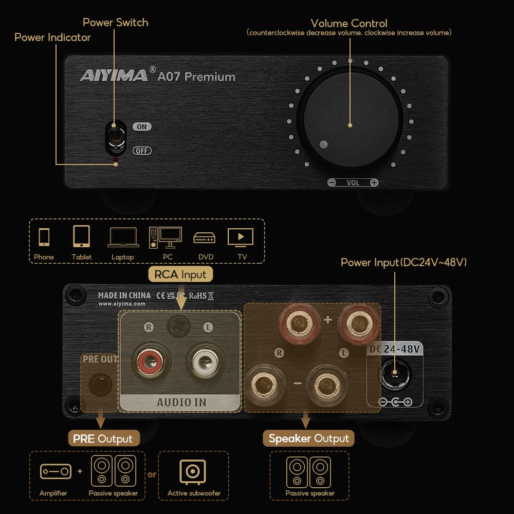 AIYIMA A07 Premium TPA3255 Power Amplifier 300Wx2 HiFi Class D Amp Mini 2 Channel Stereo Amplifier with Pre-Out for Desktop Bookshelf Speaker Home Audio System & DC32V 5A Power Adapter