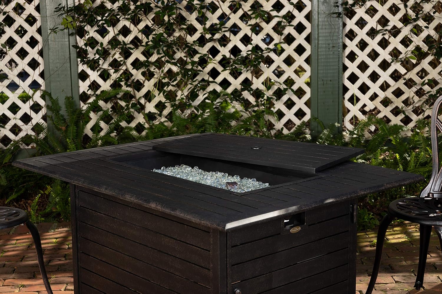 Longmont Aluminum Convertible Gas Fire Pit Table 55,000 BTU Multi-Functional Outdoor Firepit with Fire Bowl Lid, Nylon Cover & Clear Fire Glass - Bronze Finish - Rectangular 48