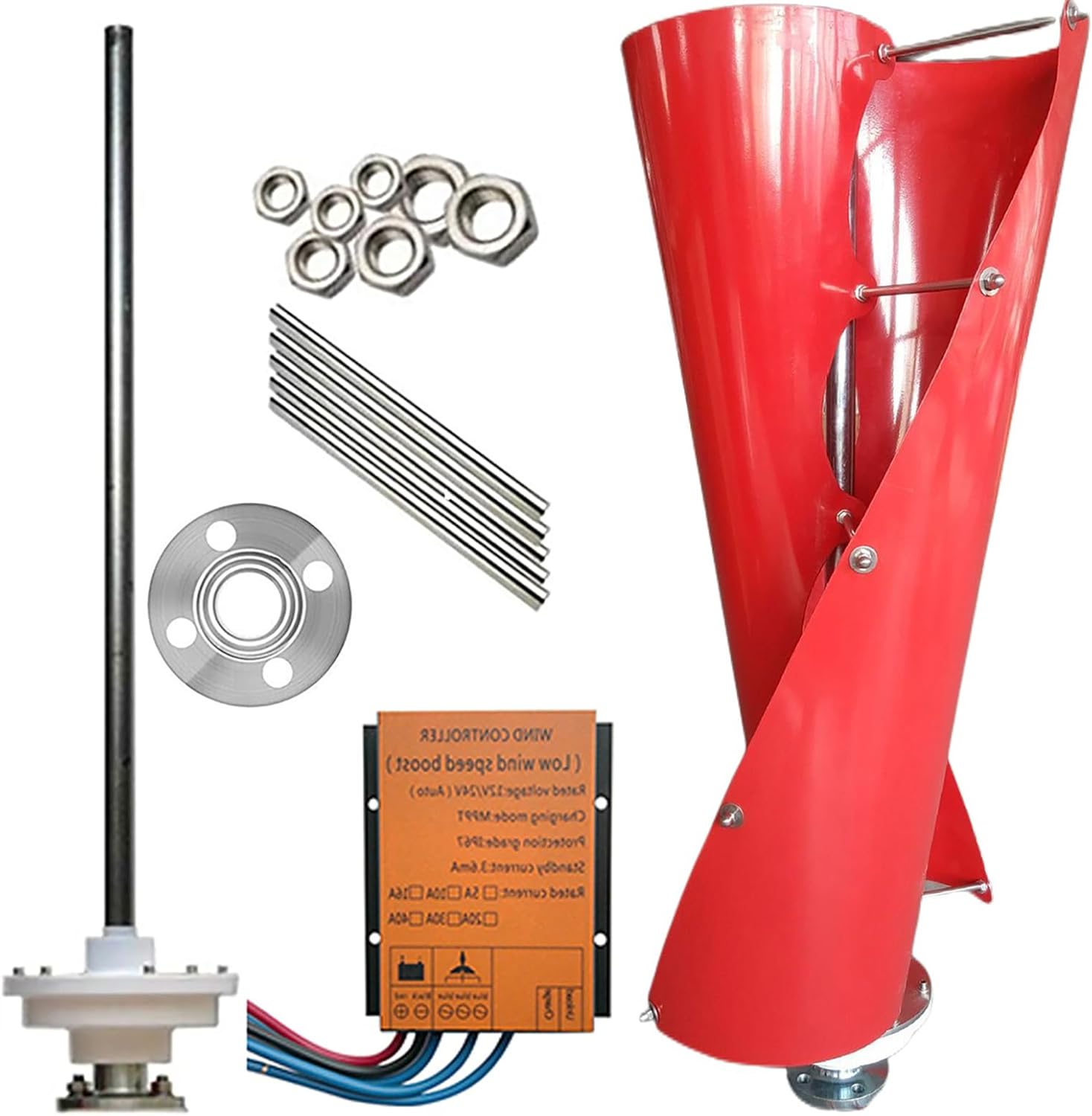 400W / 800W / 1000W / 1200W Vertical Spiral Wind Power Turbine Generator 12V / 24V / 48V Magnetic Levitation Axis Wind Turbine Kit with Controller and 2 Red Blades, for Outdoor Boat,400w,12V