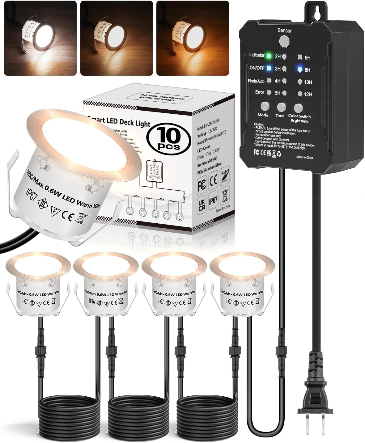 HIBOITEC Low Voltage Deck Lights Recessed Kit 3CCT 2700K-5000K with Transformer Dimmable Timer and Photocell Sensor Outdoor LED Deck Lighting IP67 Waterproof for Stair Step Yard 10 Packs