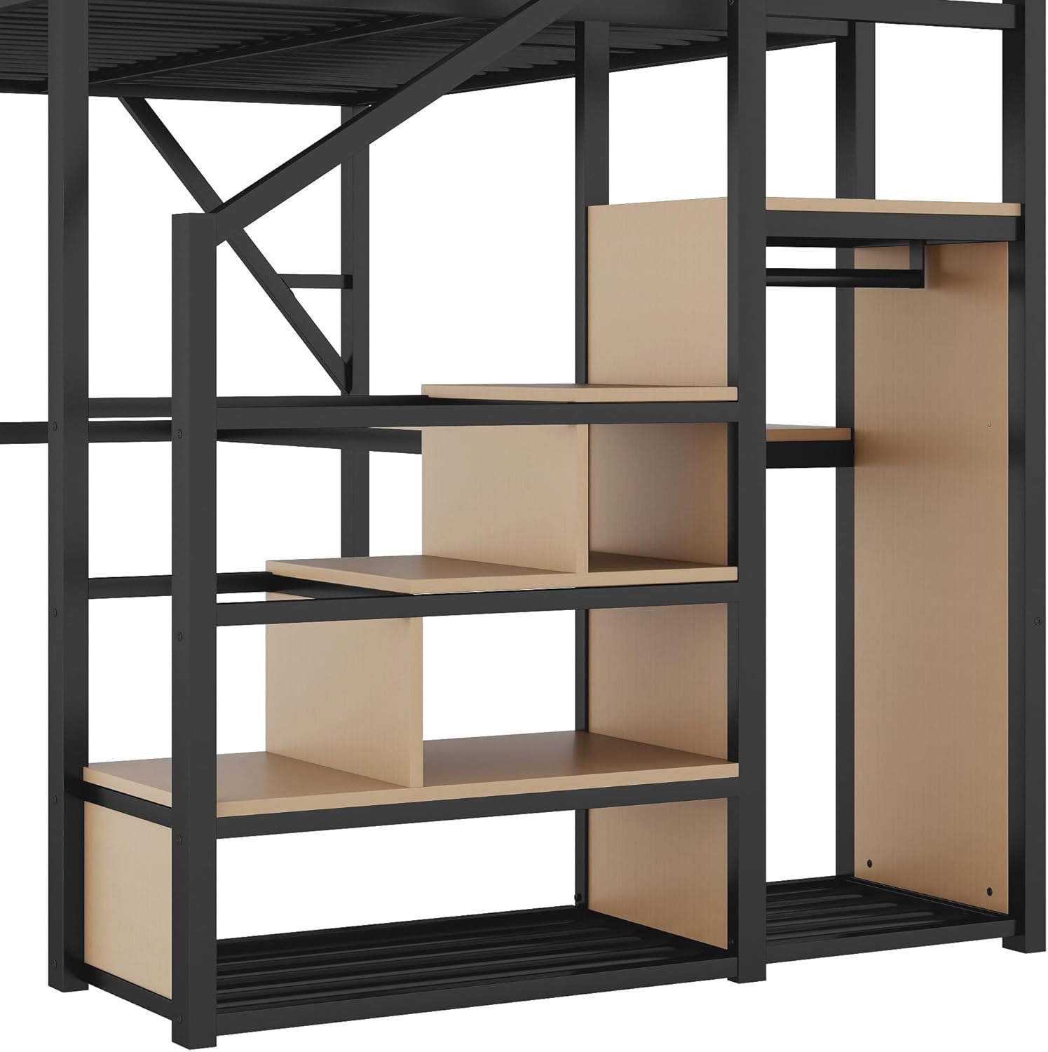 Full Loft Bed with Desk and Charging Station, Full Size Metal Loft Bed with Stairs and Light for Kids Teens, Black, Patent Products