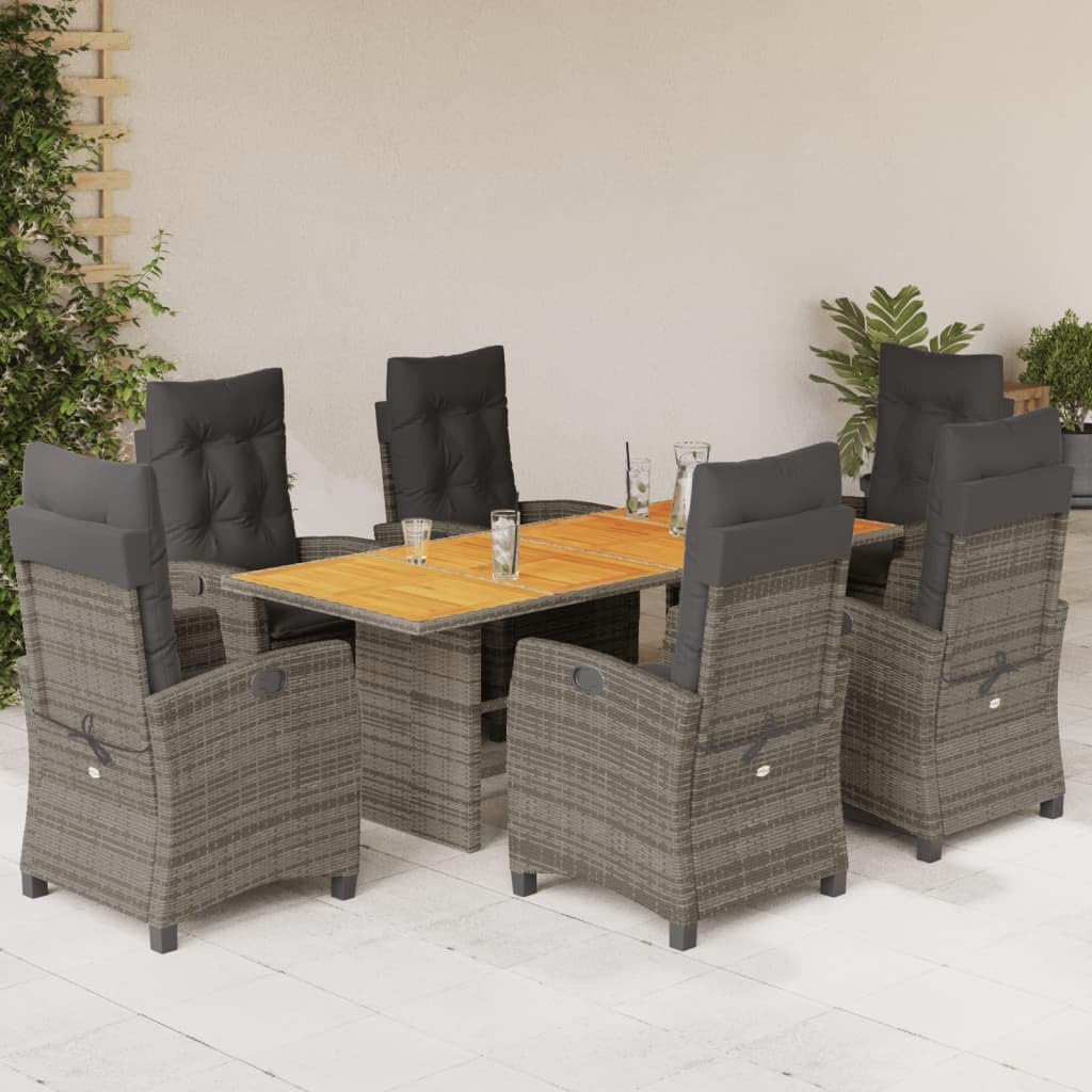 Furniture Sets 7 Piece Patio Dining Set with Cushions Gray Poly Rattan,Premium Outdoor Garden Dining & Lounge Set with Reclining Chairs and Acacia Wood Table Garden Conversation Sets