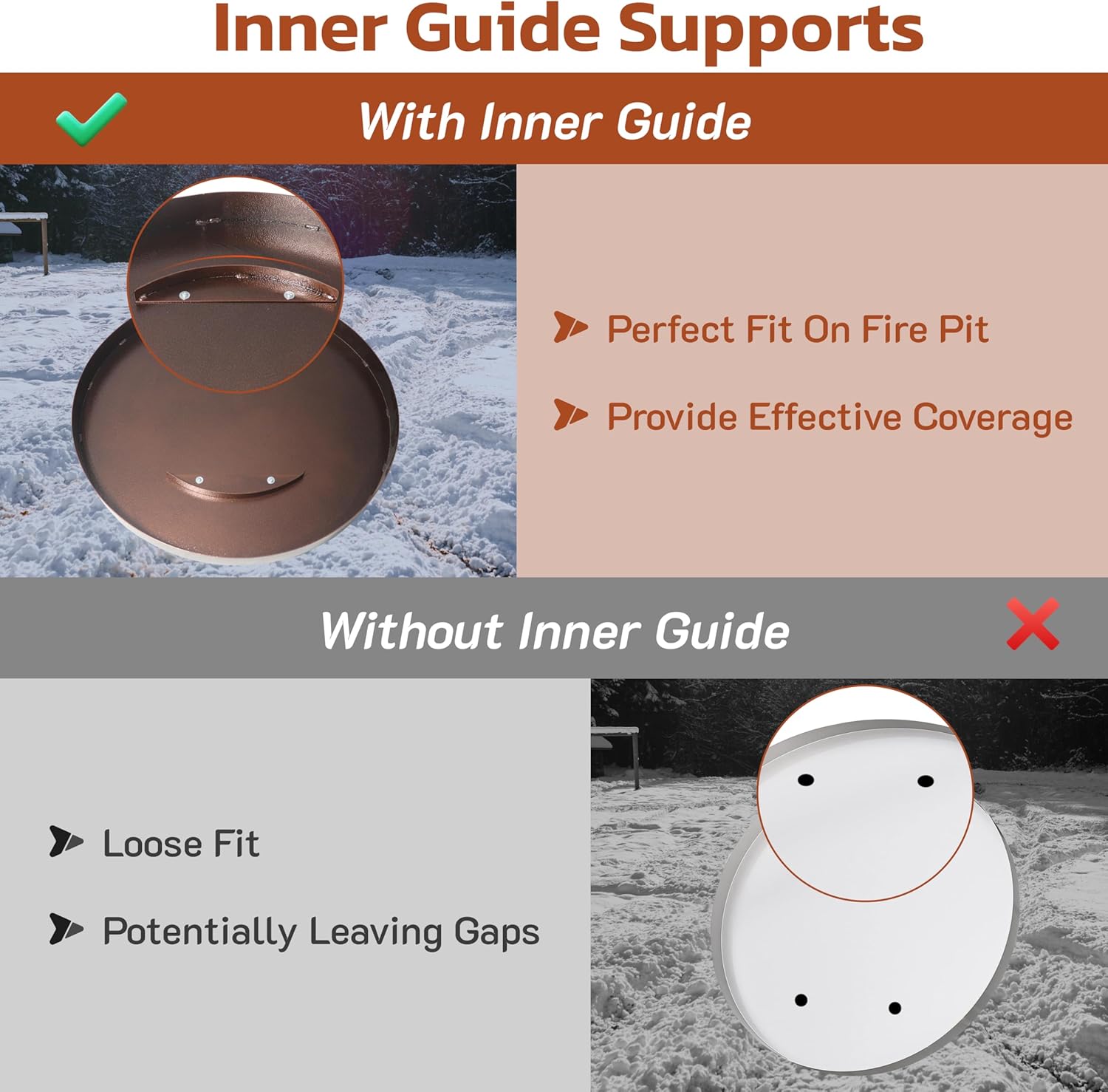 25.5” firepit lid round for inside up to 23” gas fire pit lid for Outdoor Fireplace Cover Lid Steel fire pit metal cover W/ Wooden Handle & Bronze Coated Snuffer Lid for Round Patio Fire Pit Ring