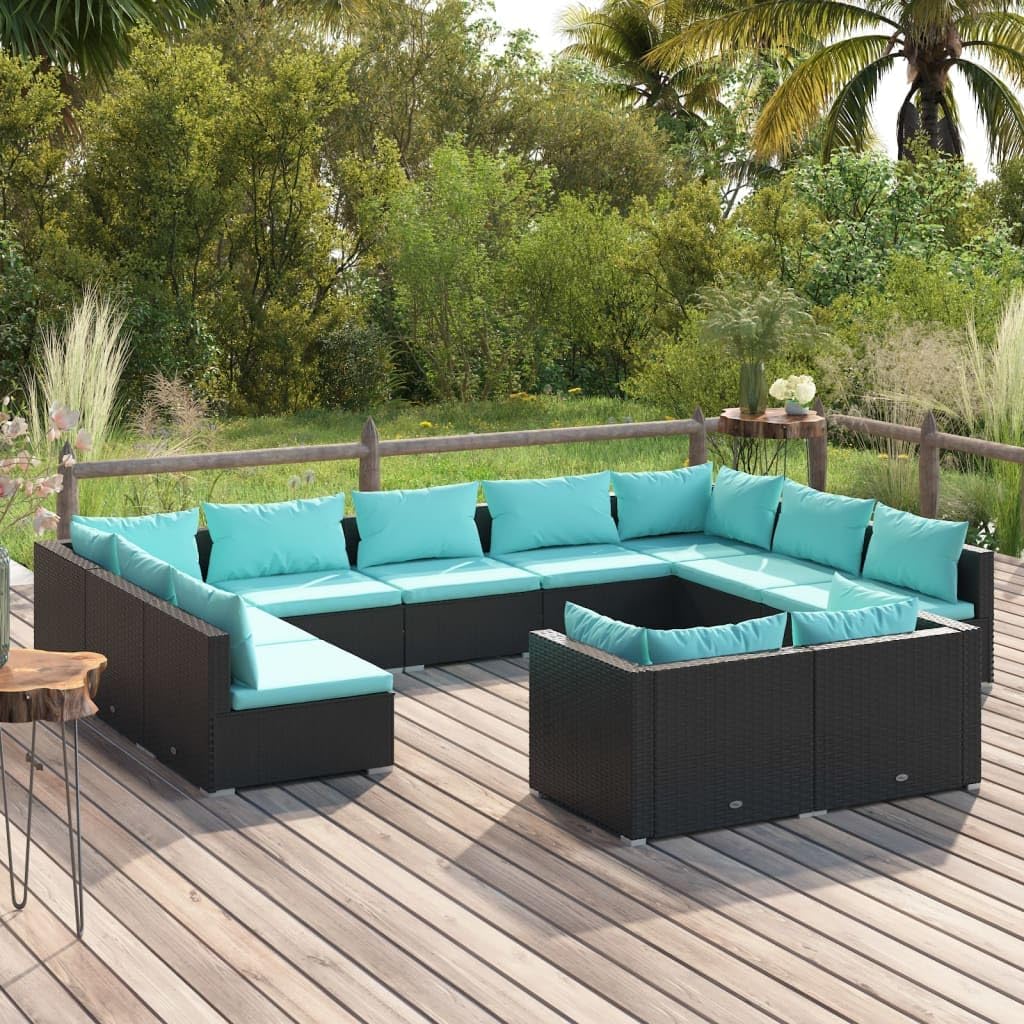 Furniture Sets 11 Piece Patio Lounge Set with Cushions Black Poly Rattan,AllWeather Patio Lounge Set with Modular Design and Comfortable Cushions Garden Conversation Sets