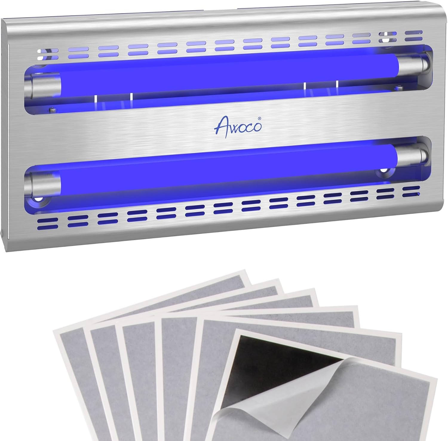 Awoco 11W LED Stainless Steel 100V-240V Wall Mount Sticky Fly Trap Lamp for Capturing Flies, Mosquitoes, Moths and Flying Insects, Perfect for Home, Restaurants, Warehouses (with 6 Glue Boards)