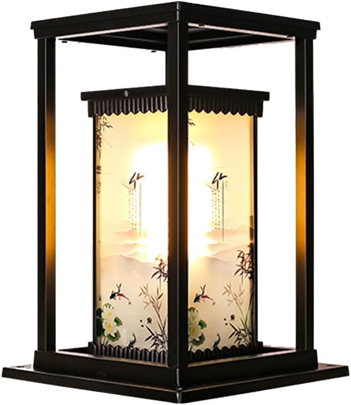 Post Lights Outdoor, Chinese Style Landscape Lighting Waterproof Fence Column Lamp with Printed Glass Exterior Lamp for Wood Fence Deck Garden Outside Decorative Pillar Lantern