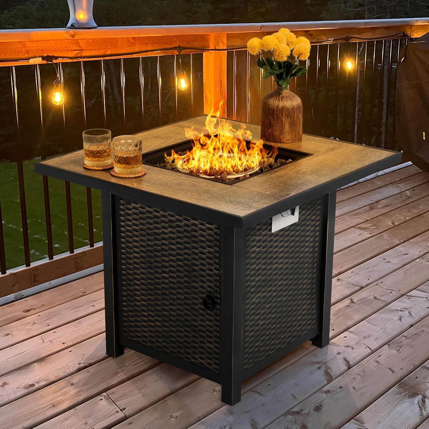 Nuu Garden 30” Propane Fire Pit, CSA-Listed Outdoor Fire Pit Table, 50,000 BTU Gas with Lid and Lava Rocks, 2-in-1 Square Fire Pit for Outside Backyard Patio, Black with Gold Edge