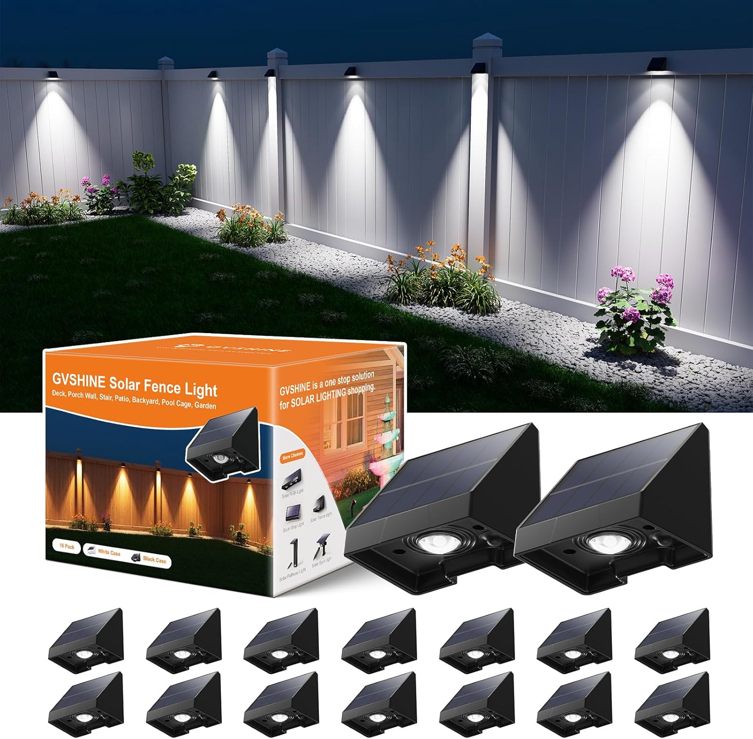 16 Pack Bright Sun Power Fence Lights Outdoor Waterproof with Cool White LED Spot, for Exterior Door, Deck, Step, Yard, Railing, Porch, Pool Cage, Modern Designed for Enhanced Security, Easy Mounting
