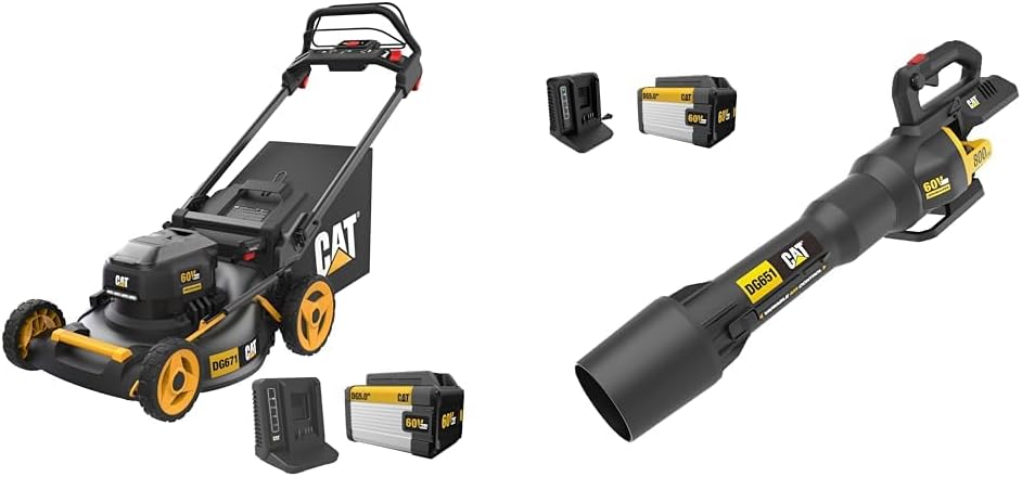 Cat DG671 60V 21” Self-Propelled Cordless Lawn Mower 3-in-1 Cutting Modes, Brushless & DG651 60V 800 CFM 170 MPH High-Powered Leaf Blower Cordless, Adjustable Speed Blowers for Lawn Care