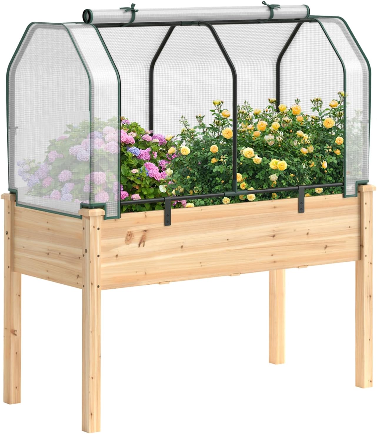 Happygrill Raised Garden Bed with Mini Greenhouse, Planter with Dual Zipper Door, Small Planter with Leg for Patio Lawn, Garden, Easy Assembly