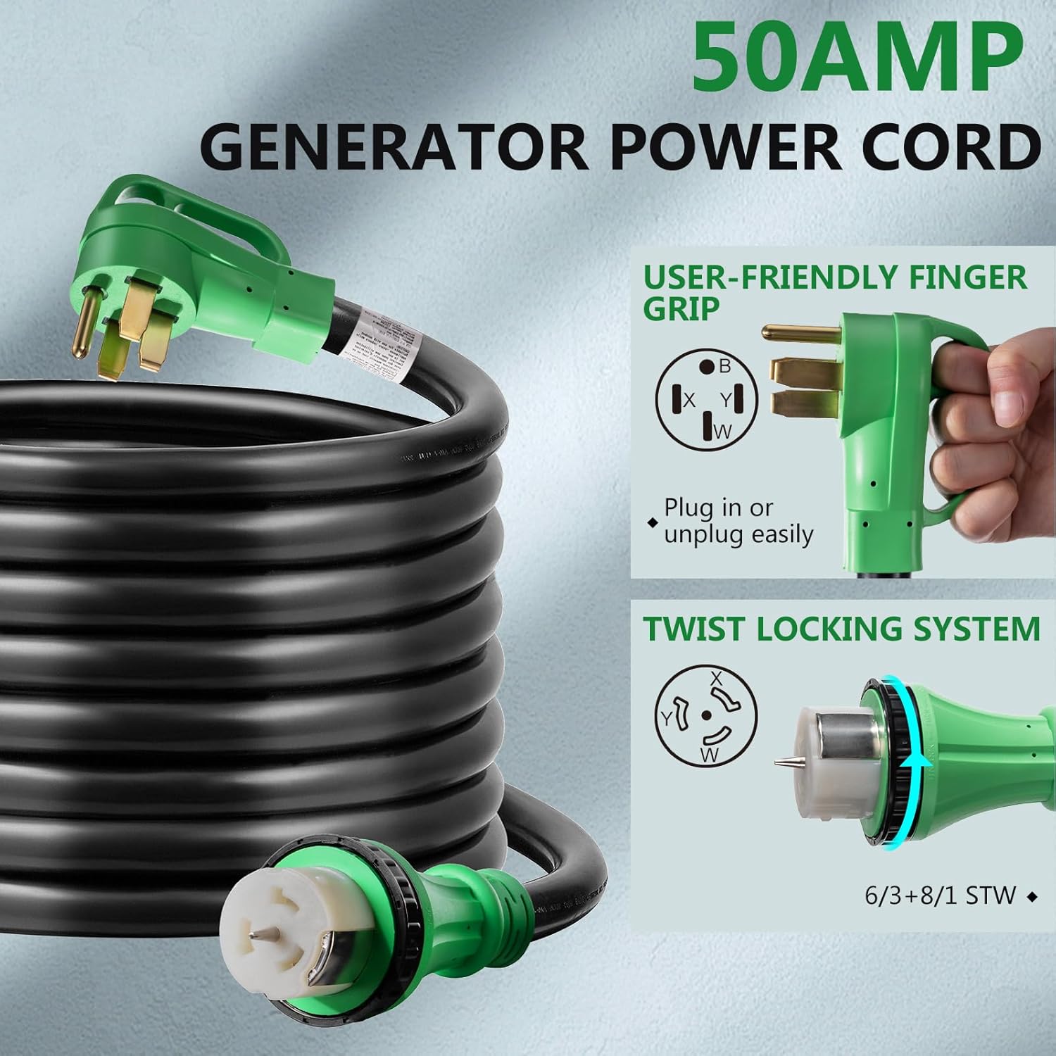50 Amp Generator Cord and Power Inlet Box, Heavy Duty 25FT Generator Extension Cord, 125V/250V 50 Amp Generator Power Cord NEMA14-50P/SS2-50R ​for RV Truck Trailer (25FT)