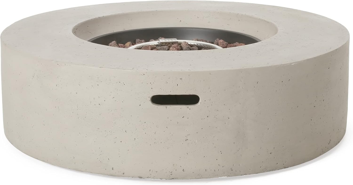 Outdoor 50,000 Btu Round Concrete Propane Fire Pit in Light Grey – Elegant Patio Heater for Backyard, Deck, (Propane Tank Cover Not Included)