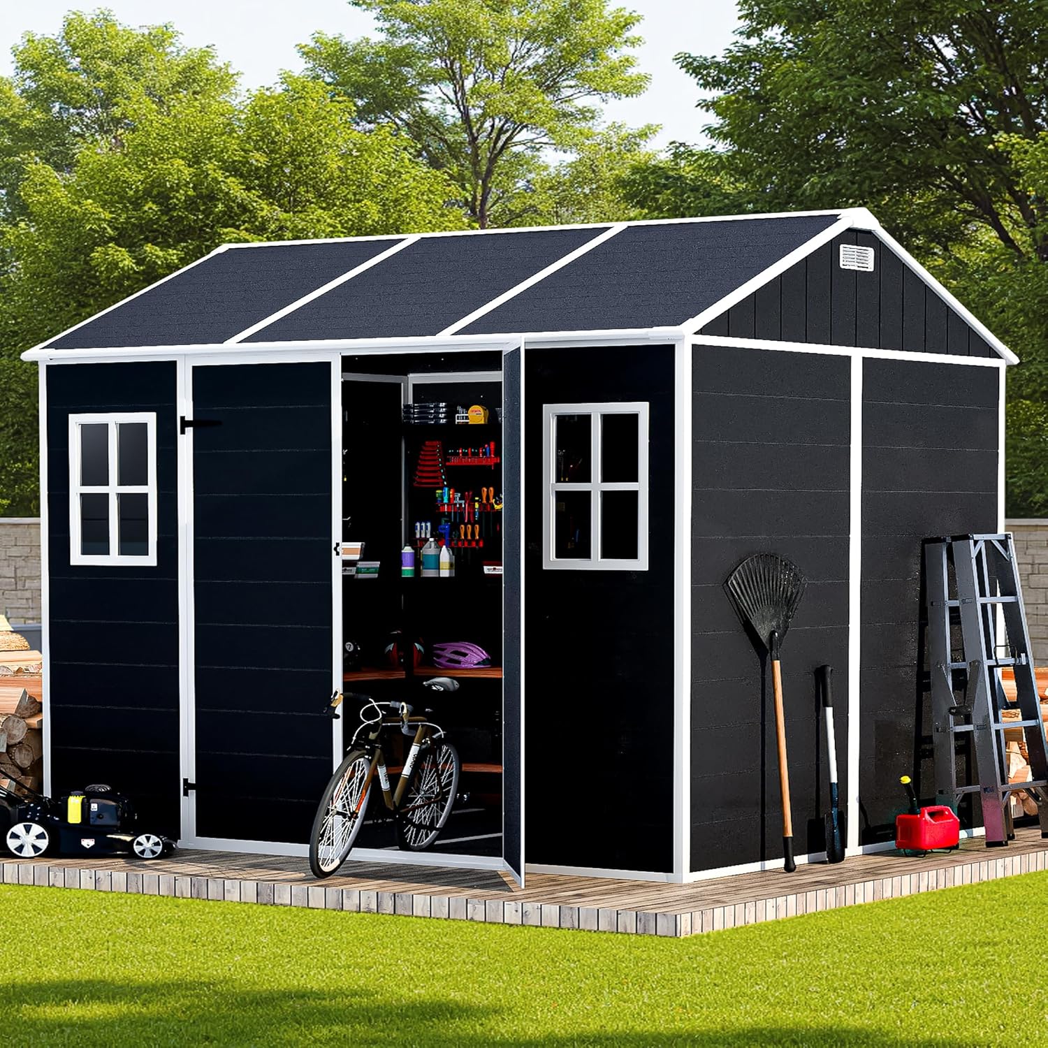 Outdoor Storage Shed 7.5x7 FT, Resin Shed with Floor & Window, Lockable Door, Vents, Outside Sheds & Garden Shed for Patio Furniture, Gardening Tools, Pool Equipment (Dark Gray, 7.5 * 7ft)