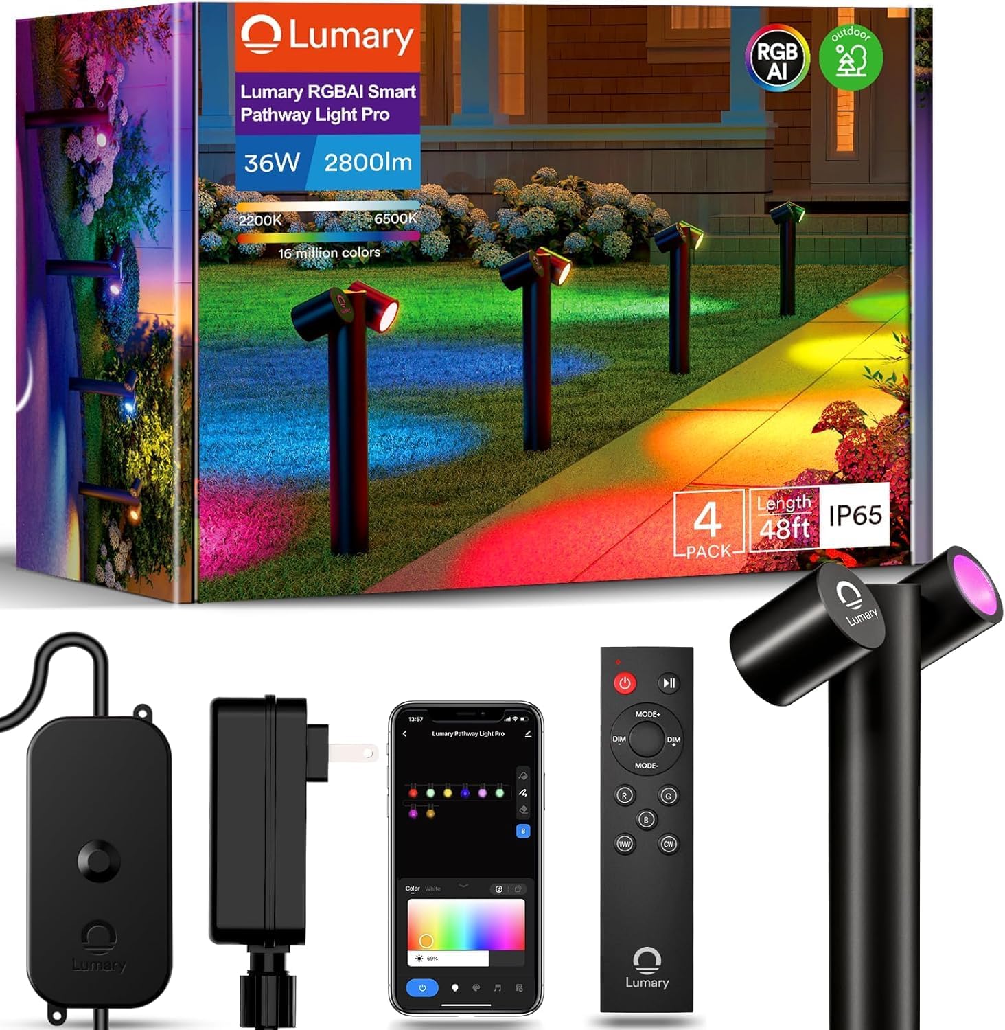 Lumary Smart Pathway Lights Pro 700LM, RGBAICW Color Changing Landscape Lights with 8 Adjustable 355° Spot Lights IP65 Waterproof, 48FT Wired Outdoor Landscape Lighting, WiFi APP/Voice/Remote (4 Pack)