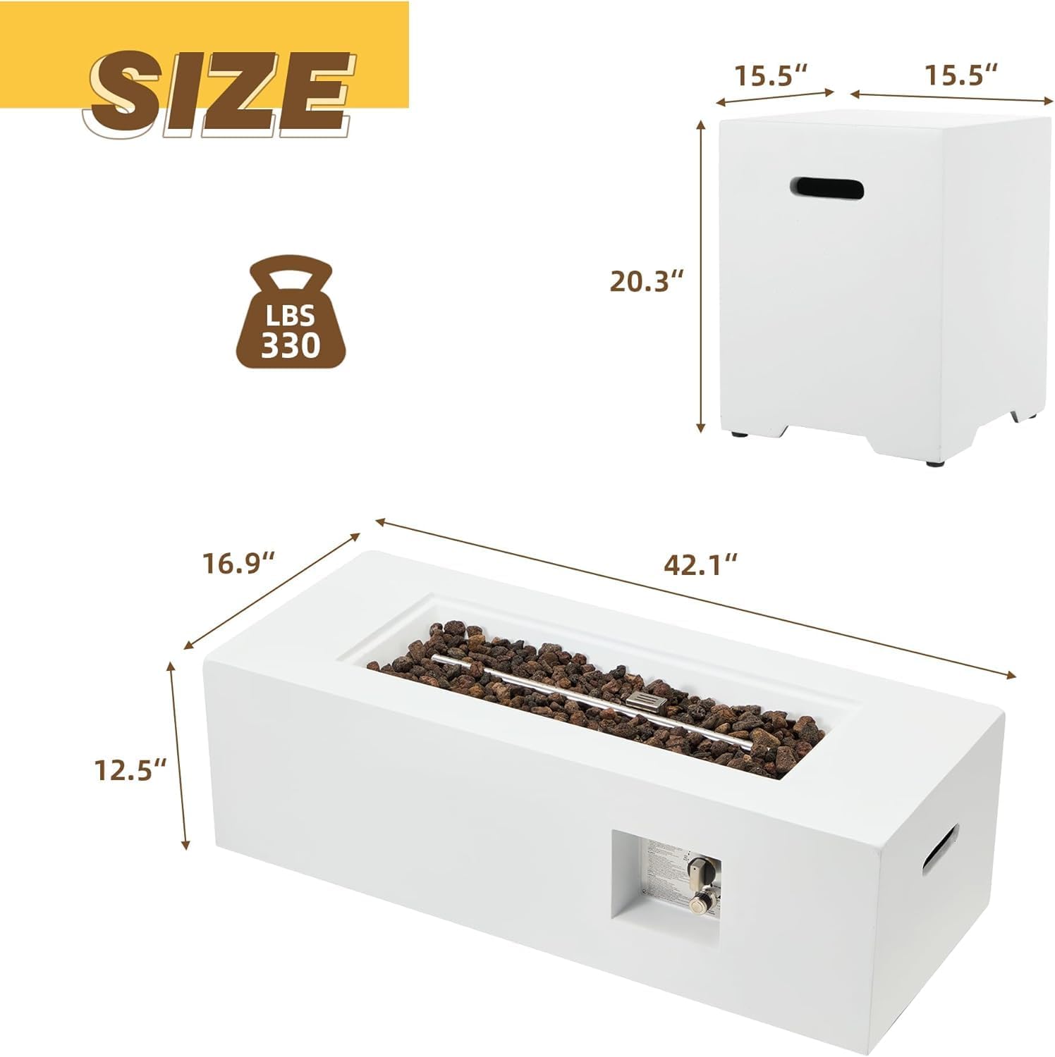 ECOTOUGE 2-Piece Outdoor Propane Fire Pit Table, 50,000 BTU Gas Fireplace with lid and Hideaway Tank Holder, Auto-Ignition 42''Concrete Fire Pit w/Weather-Resistant Pit Cover, Lava Rocks, White