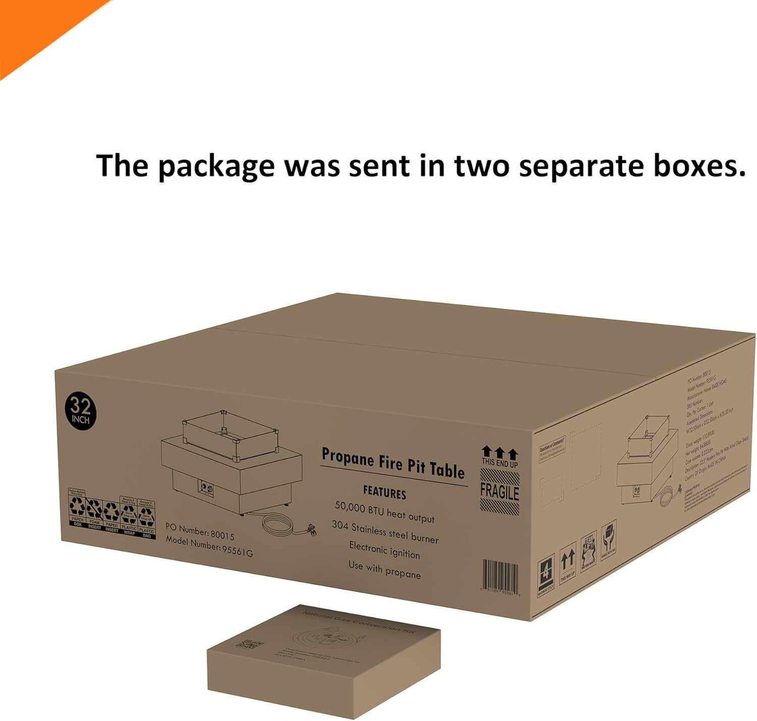 32.5-inch Fire Table with Natural Gas Conversion Kit & Wind Glass Shield, 50,000BTU Outdoor Modern Patio Fire Pit Table w/Square Burner Lid, Glass Rocks, Cover