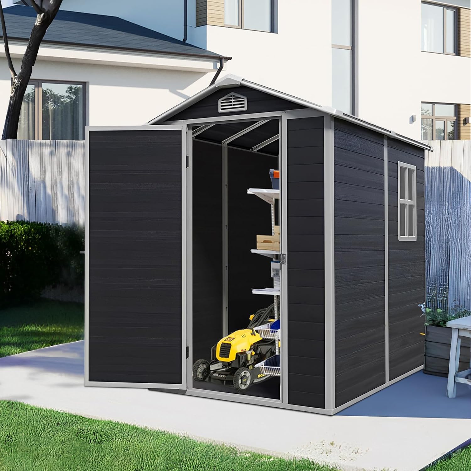 4x6 FT Resin Storage Sheds Outdoor with Floor, Windows & Lockable Door Storage Shed - Waterproof Garden Tool Shed, Patio & Backyard Tool Storage Cabinet Use -