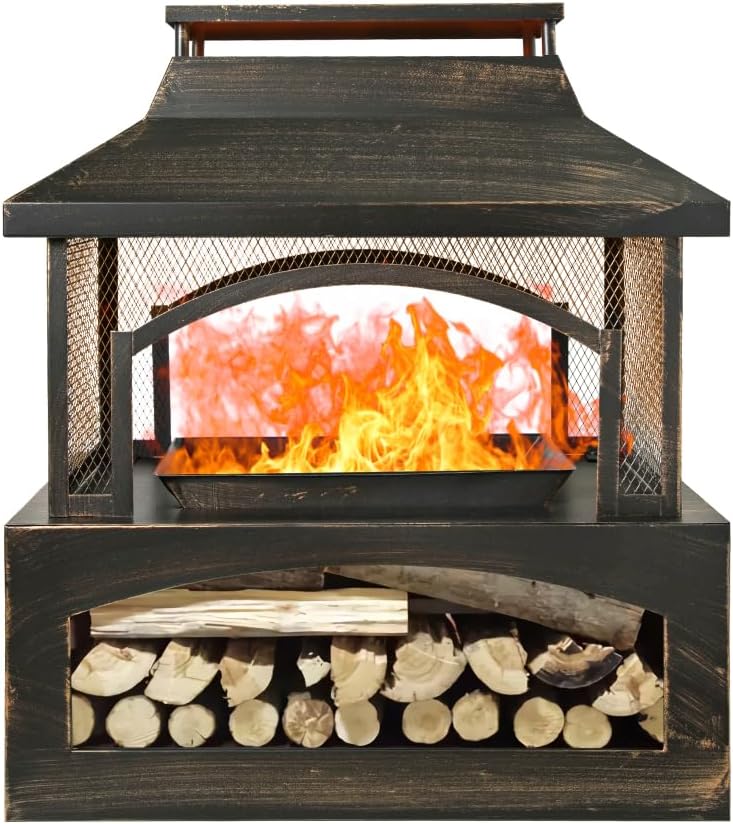 37” Rectangular Outdoor Fireplace – Heavy-Duty Metal Wood Burning Fire Pit with Built-in Log Storage & Poker, Brushed Bronze Finish for Patio & Backyard
