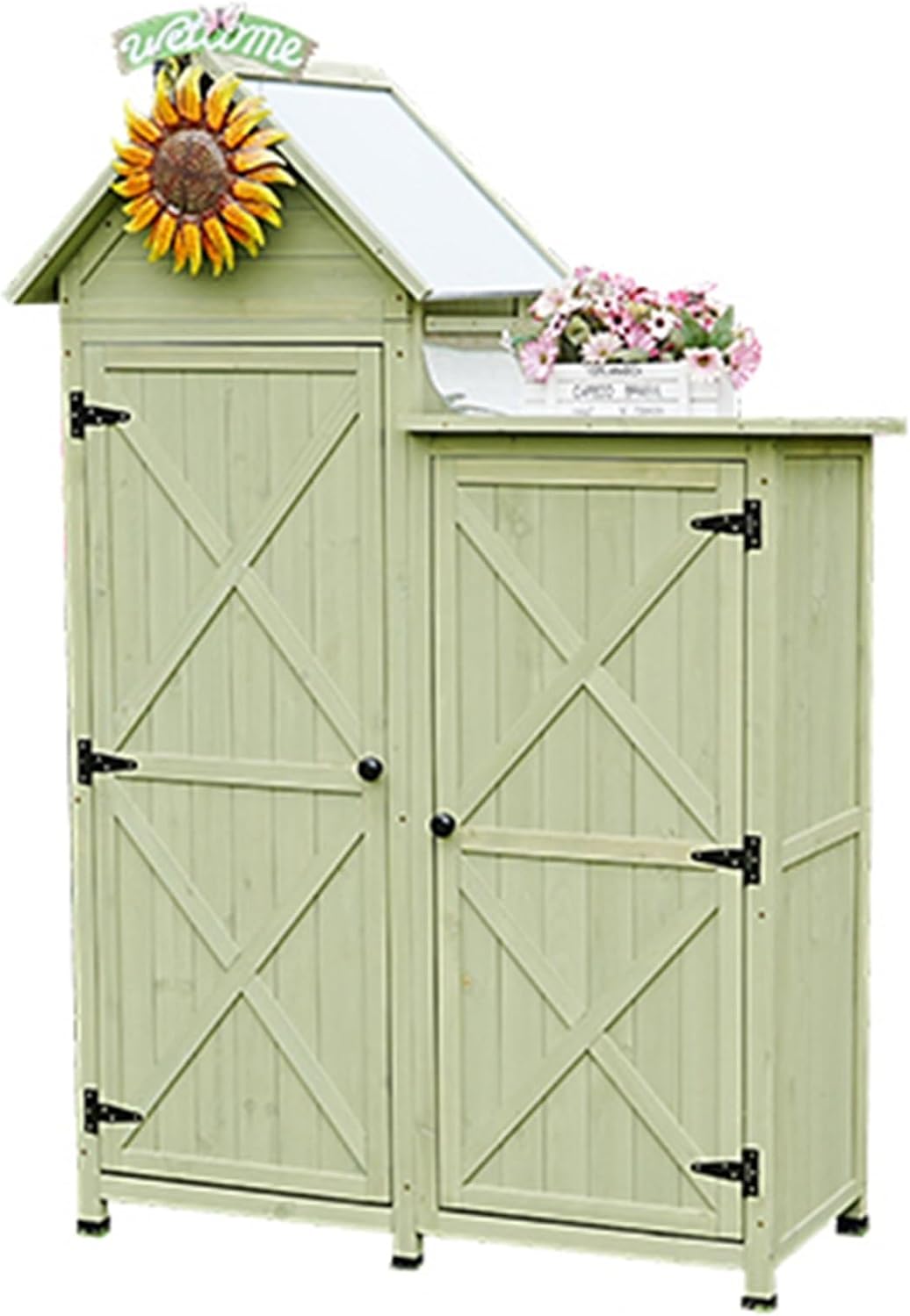 Garden Tool Shed with 3 Shelves, Wooden Garden Shed with Magnetic Double Doors, Multi-Purpose Outdoor Storage Cabinet for Backyards and Patios (One Color Green)