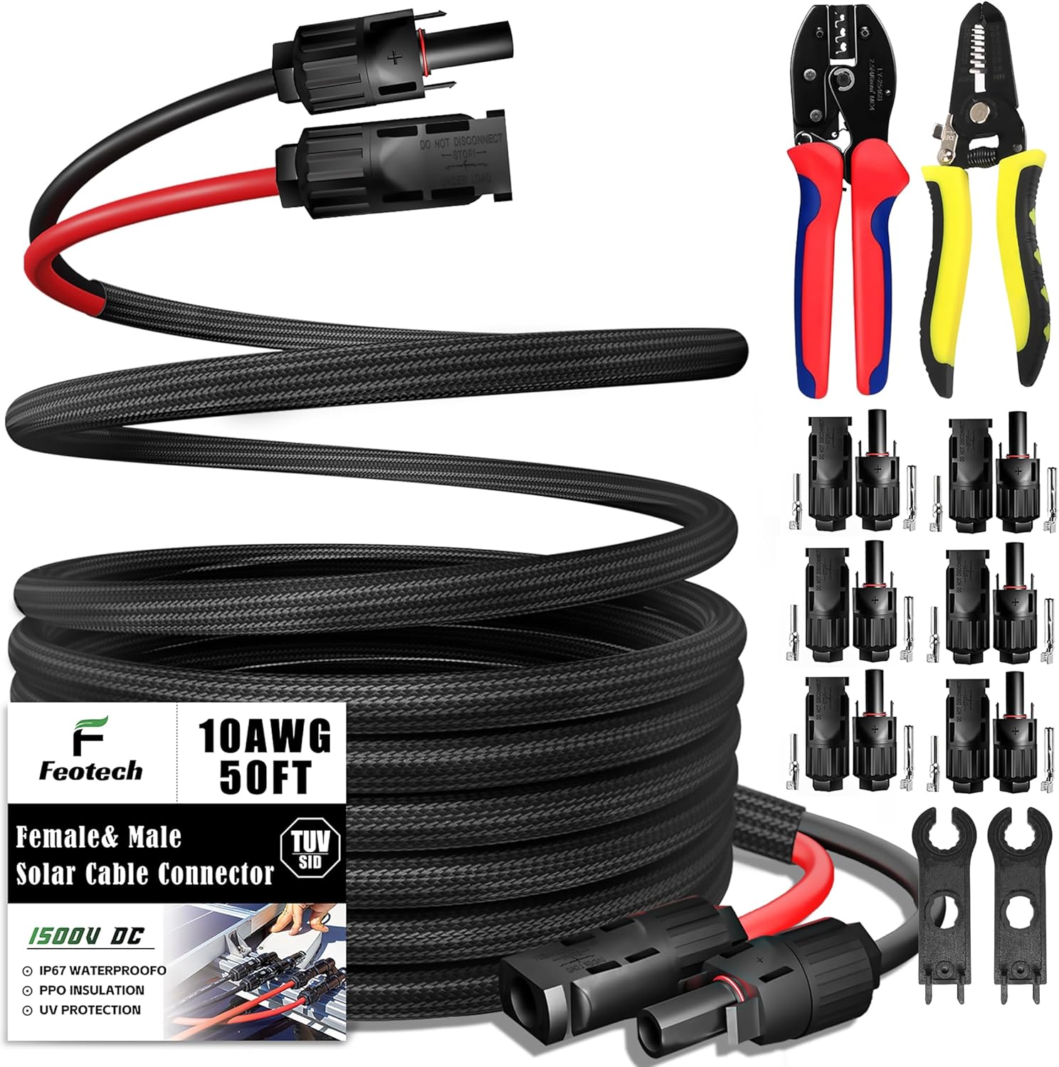 Twin Wire 50 Feet Solar Extension Cable 10AWG with -IP67- Female and Male Connector, Bonus Four Pairs of Free Connector Solar Panel Adapter kit Tools (6 Pairs connectors)