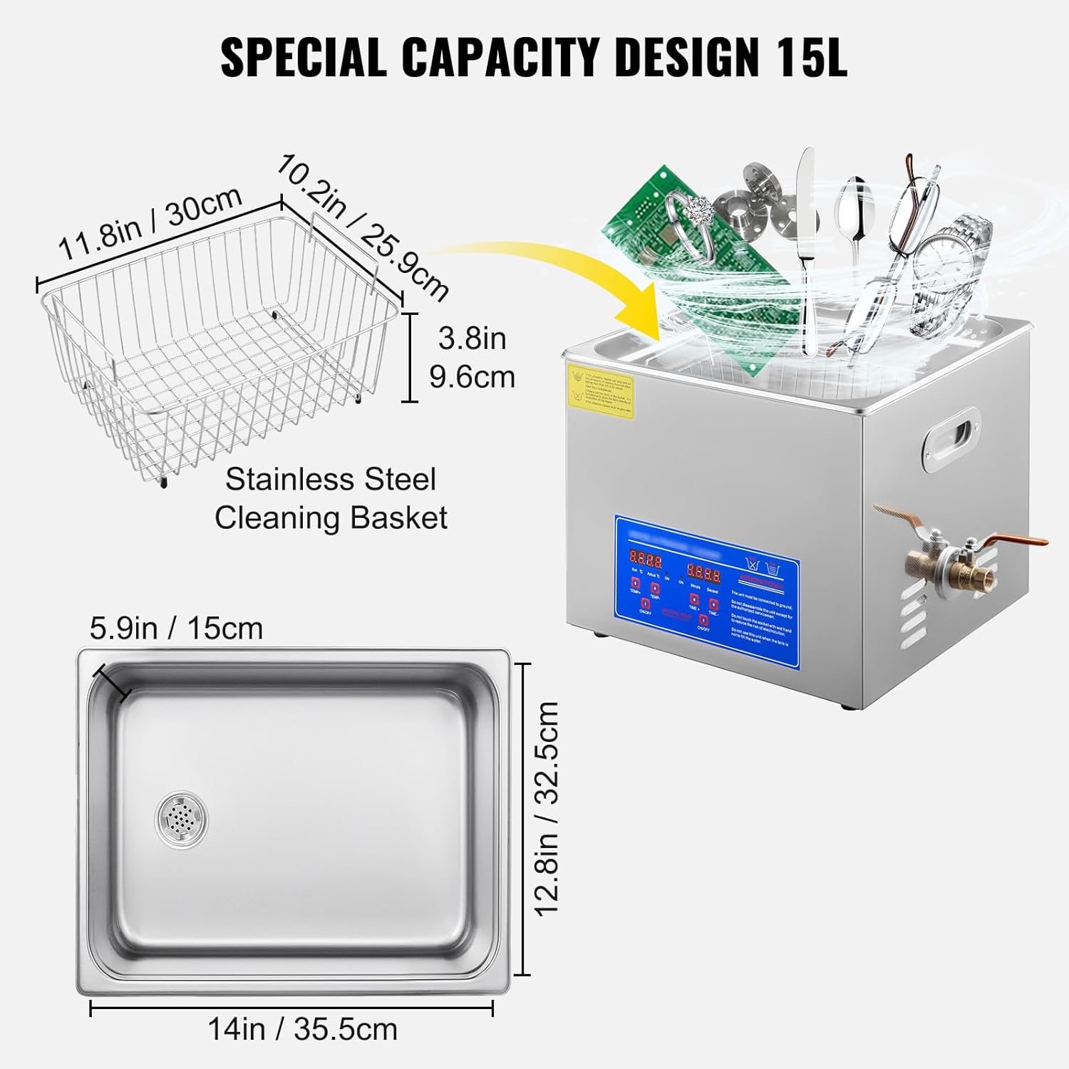 VEVOR 15L Sonic Cleaning, 40kHz Professional Cleaning Machine with Digital Timer & Heater, 110V - Ideal for Wrenches, Screwdrivers, and Industrial Parts Cleaning, FCC/CE/RoHS Certified